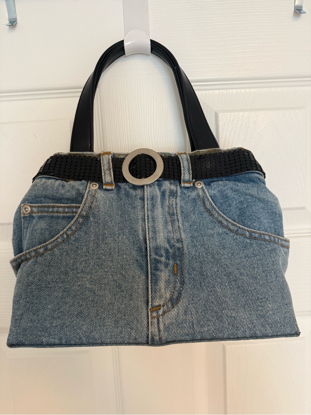 Y2K Reworked Denim Jeans Handbag
Shoulder Bag Blue Jean Purse Belt Detail